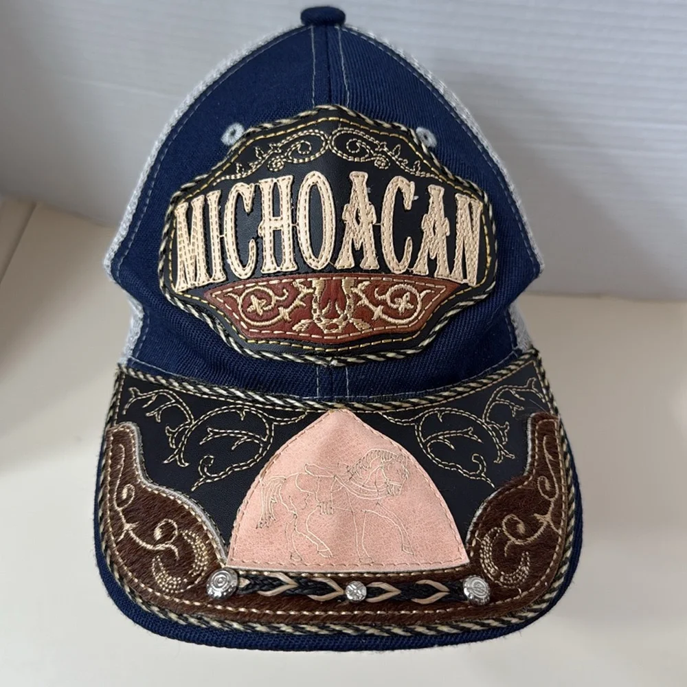 Michoacan Truckers SnapBack Baseball Cap Hat Blue & Brown Adjustable Mesh Studs
